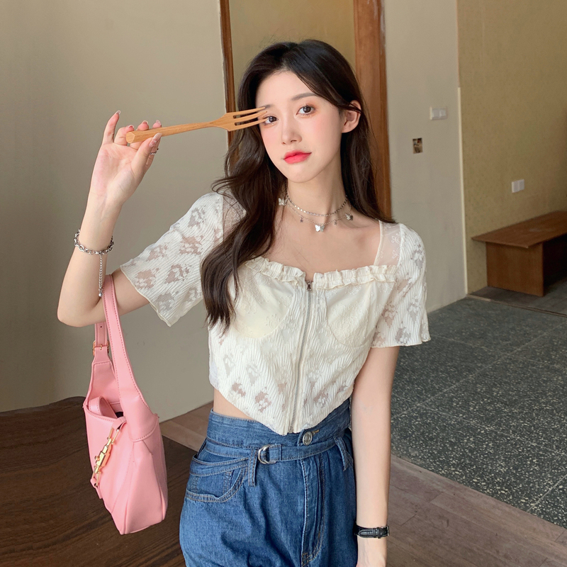 Real price pure desire for wind milk apricot lace inverted triangle blouse for women