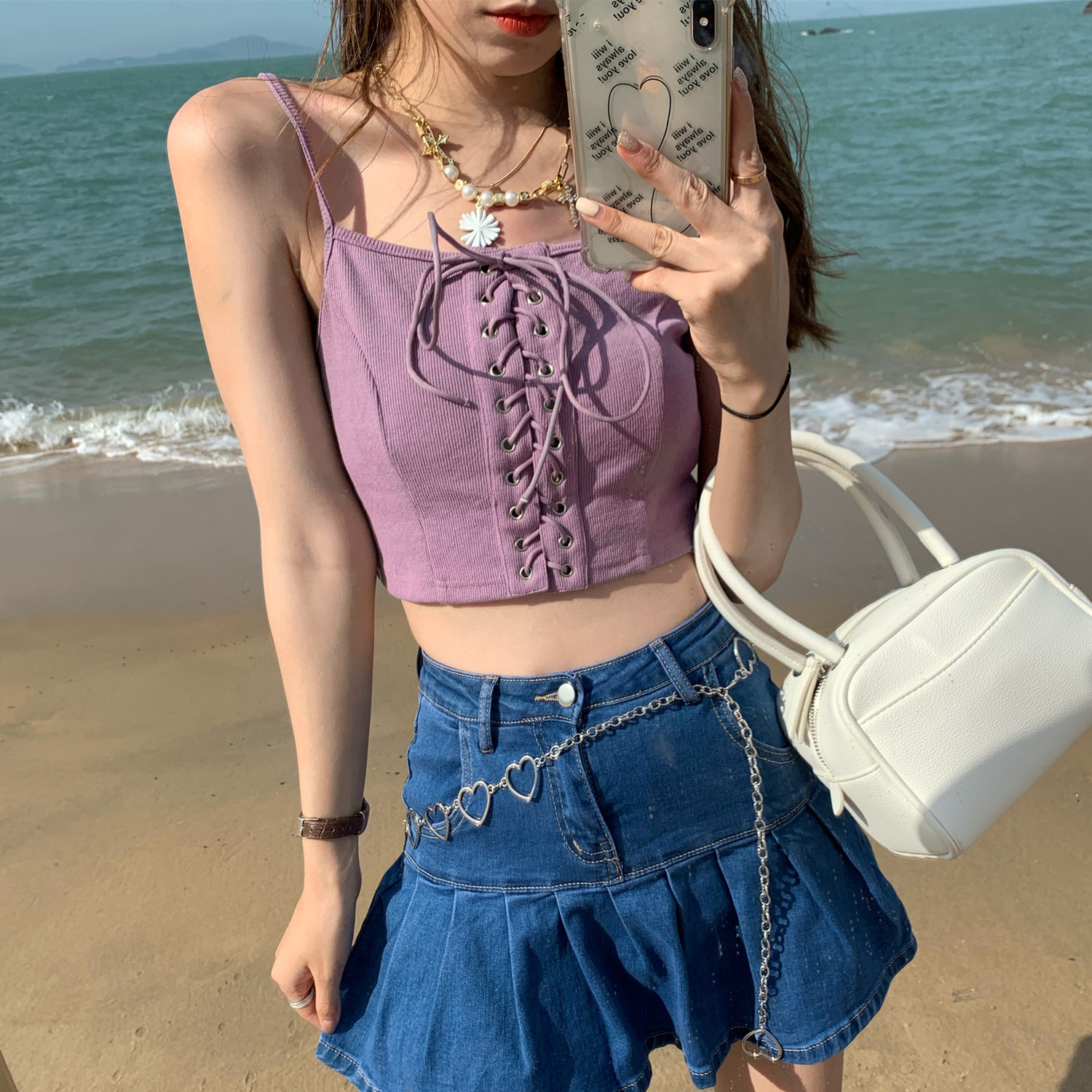 Real price real shot ~ strap design feeling elastic knitted suspender vest for women