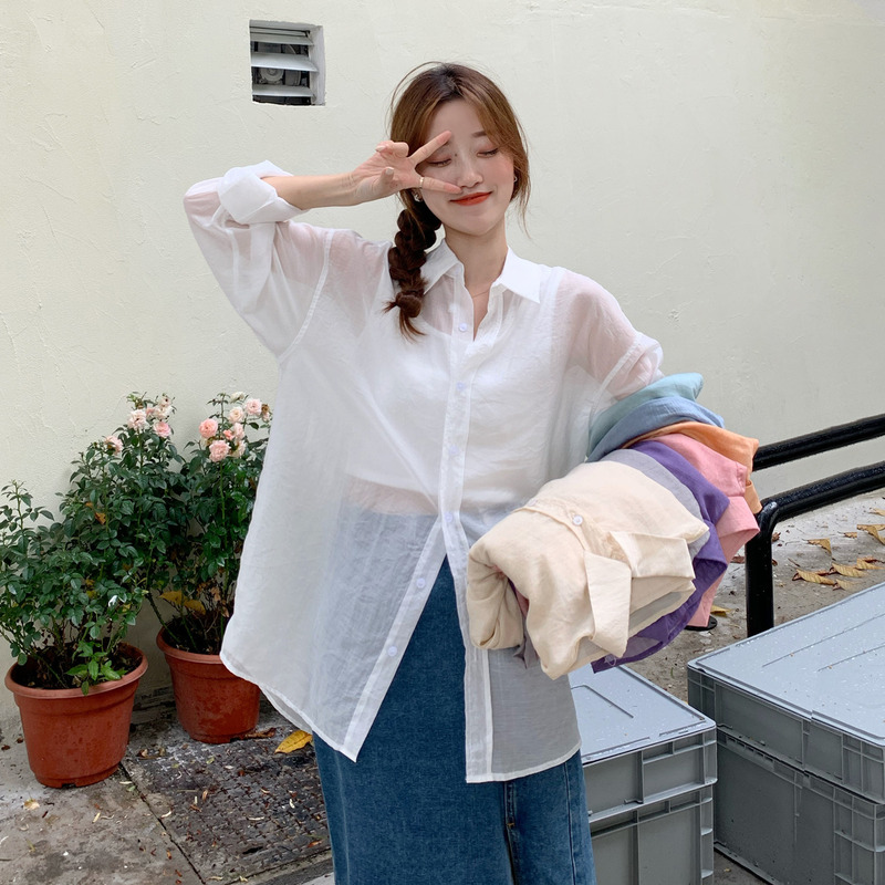 Real price ~ white pleated Tencel sunscreen shirt coat women's thin micro transparent long sleeve cardigan