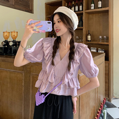 Real price design sweet Ruffle bubble sleeve shirt French doll collar jacket