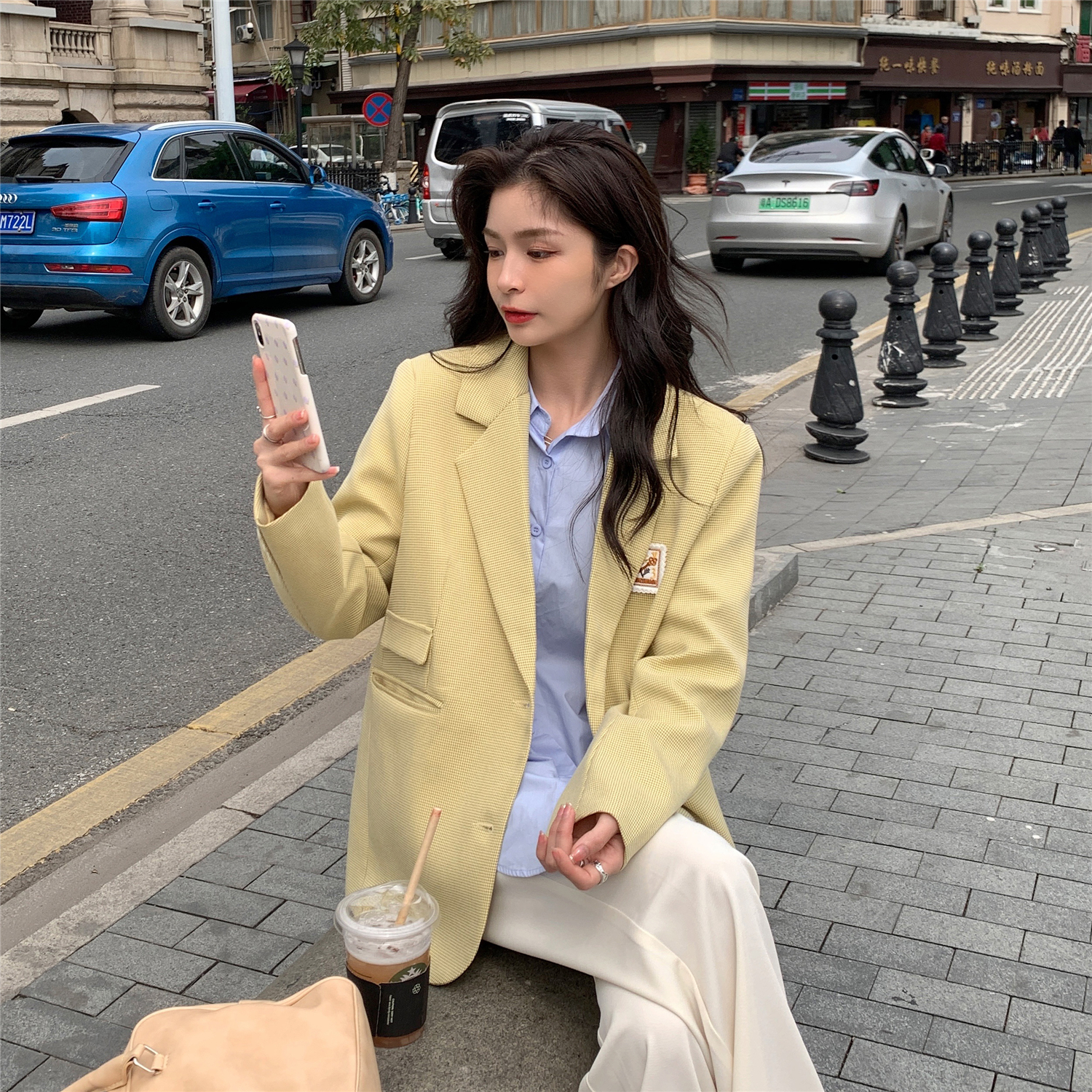 Real shot real price yellow Plaid suit coat women's Korean version design sense loose retro casual small suit