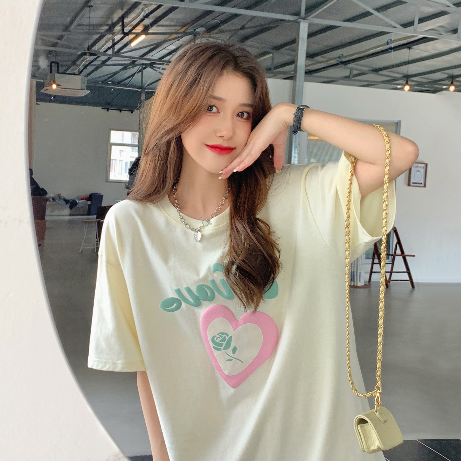 實拍實價~寬鬆愛心玫瑰發泡工藝印花圓領短袖T恤女上衣ins潮