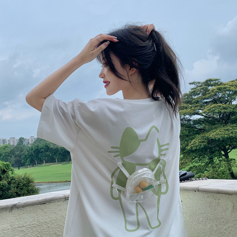 實拍實價~寬鬆貓咪印花短袖T恤女可拆卸書包設計感上衣潮