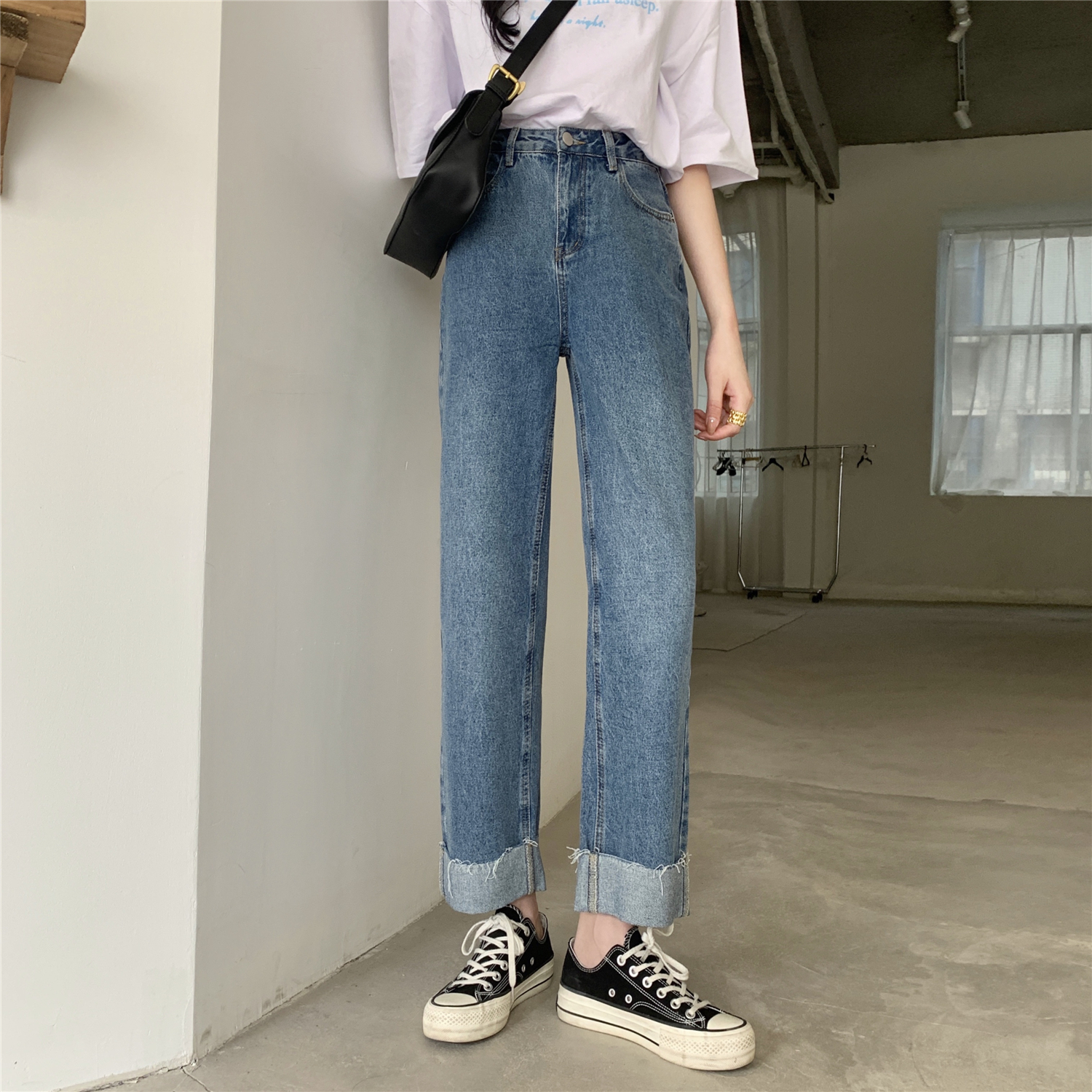 Real price blue curled jeans women's loose high waist versatile SLIM STRAIGHT pants