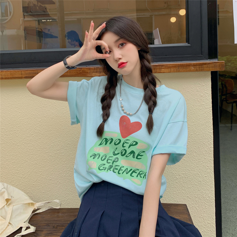 Real price ~ love printing round neck short sleeve T-shirt for women's loose and versatile white mint green top fashion