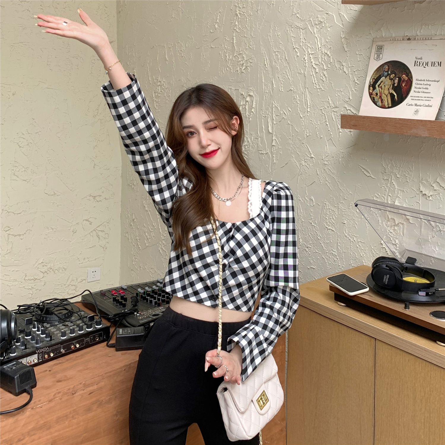 Two pieces of lace plaid shirt with square collar