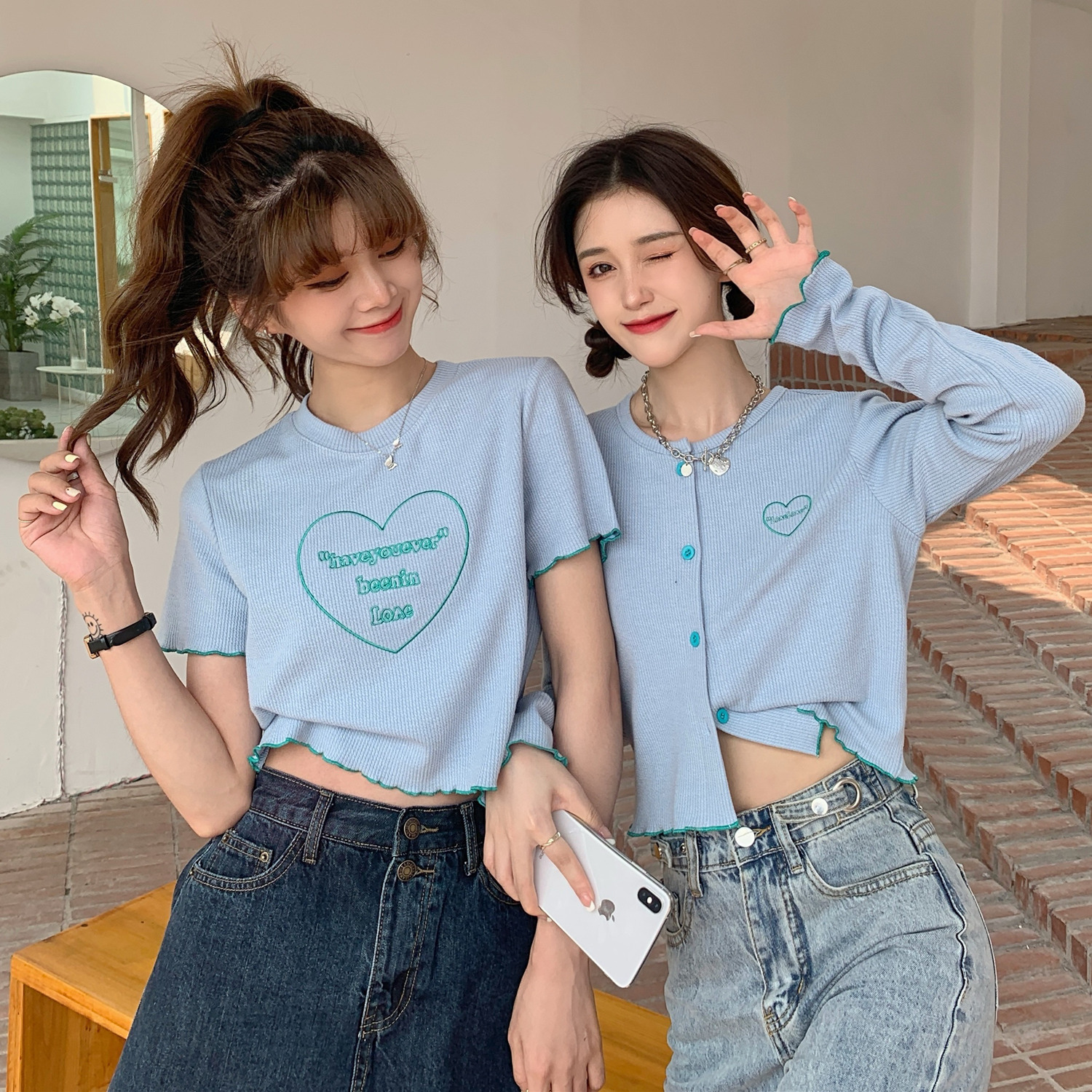 Real price ~ short love embroidered T-shirt women's design sweet wave edge short sleeve T-shirt