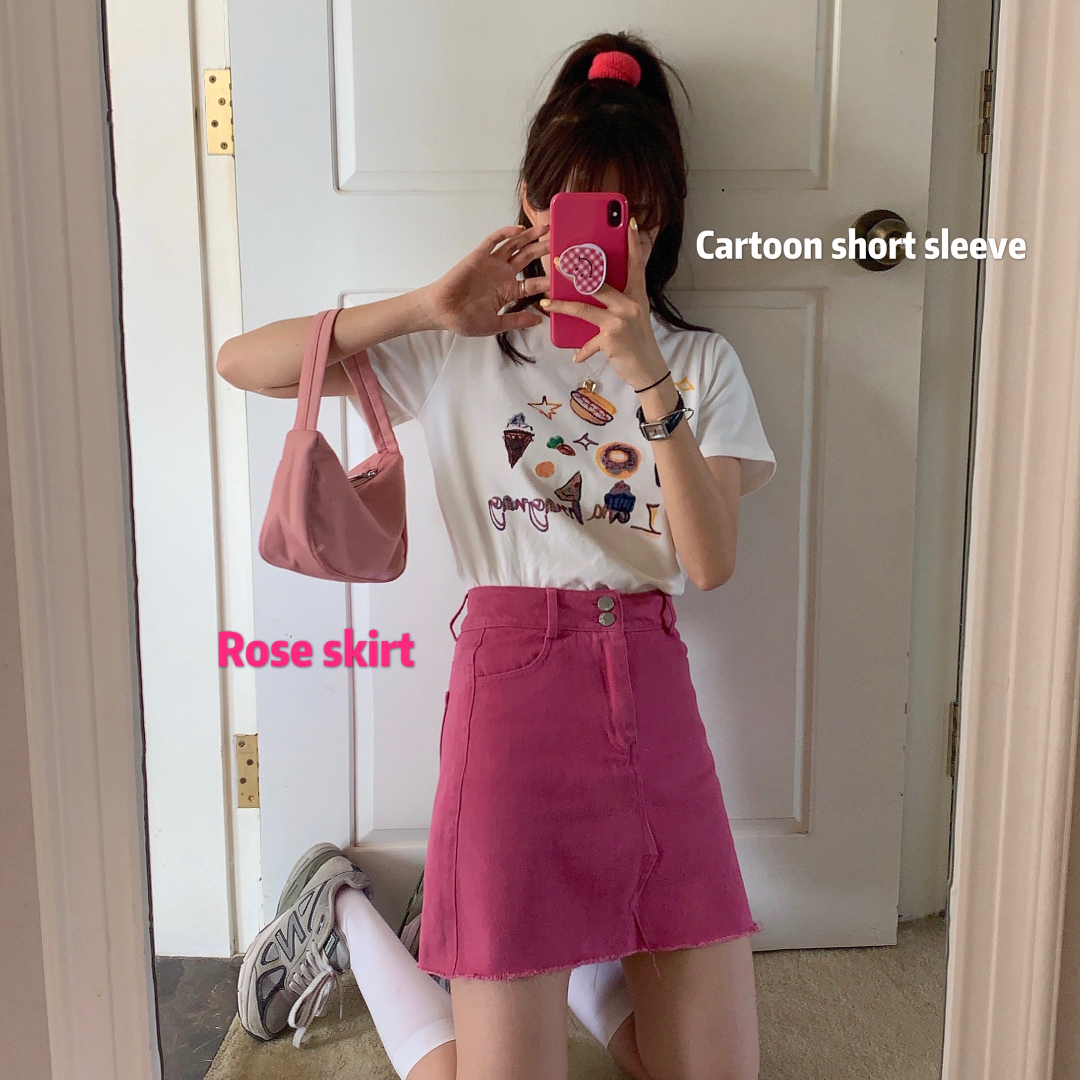 Real price ~ high waist show thin denim skirt A-line skirt + loose show thin ghost horse graffiti T-shirt