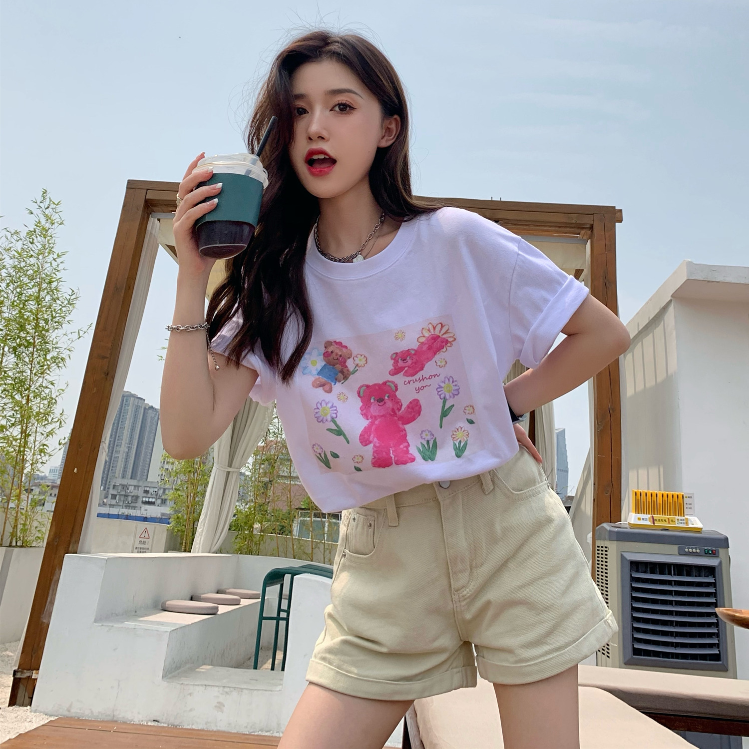 Real shot real price Korean loose bear print t-shirt female white best friend short sleeve top fashion