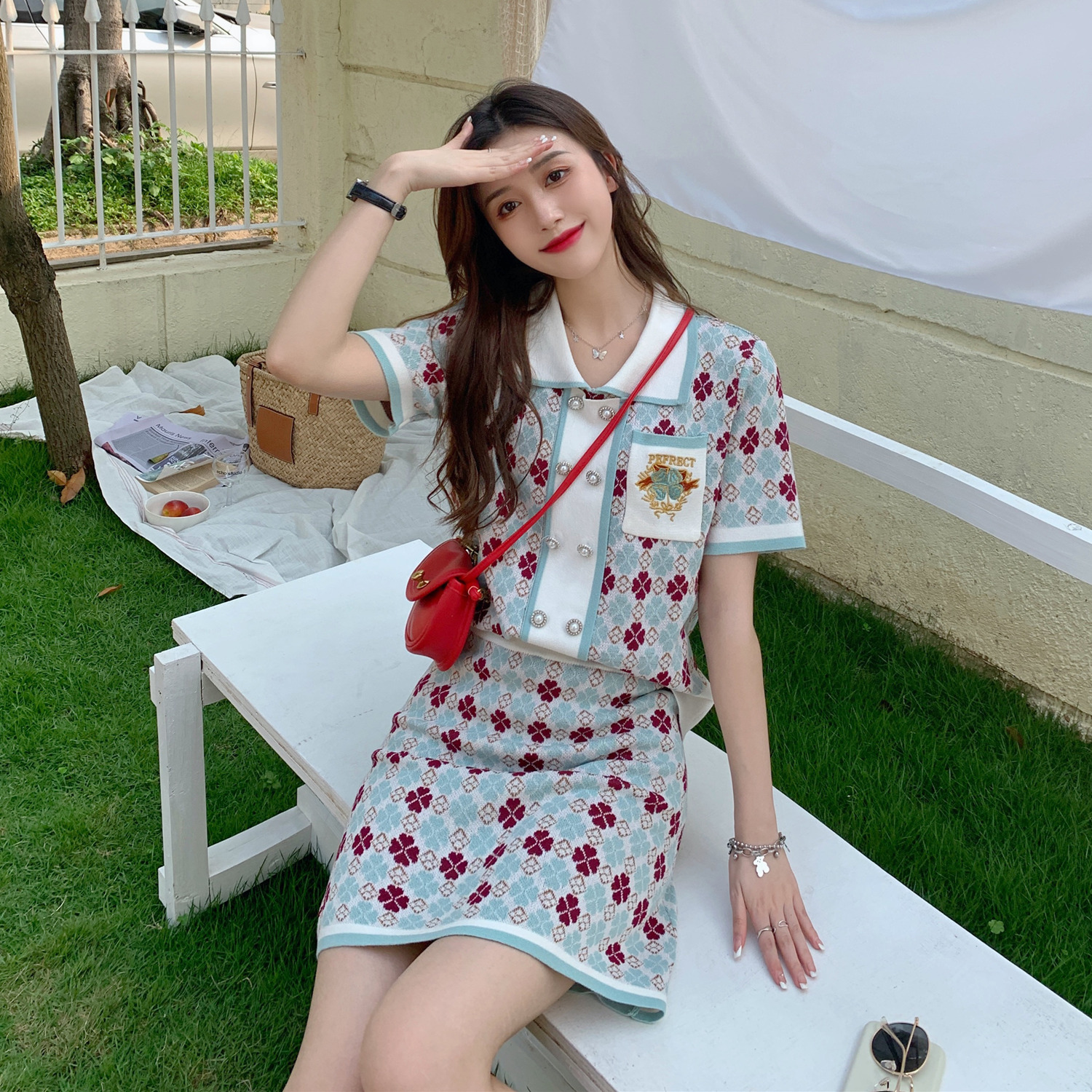實拍實價~  小香風提花針織polo領短袖上衣高腰半身裙兩件套