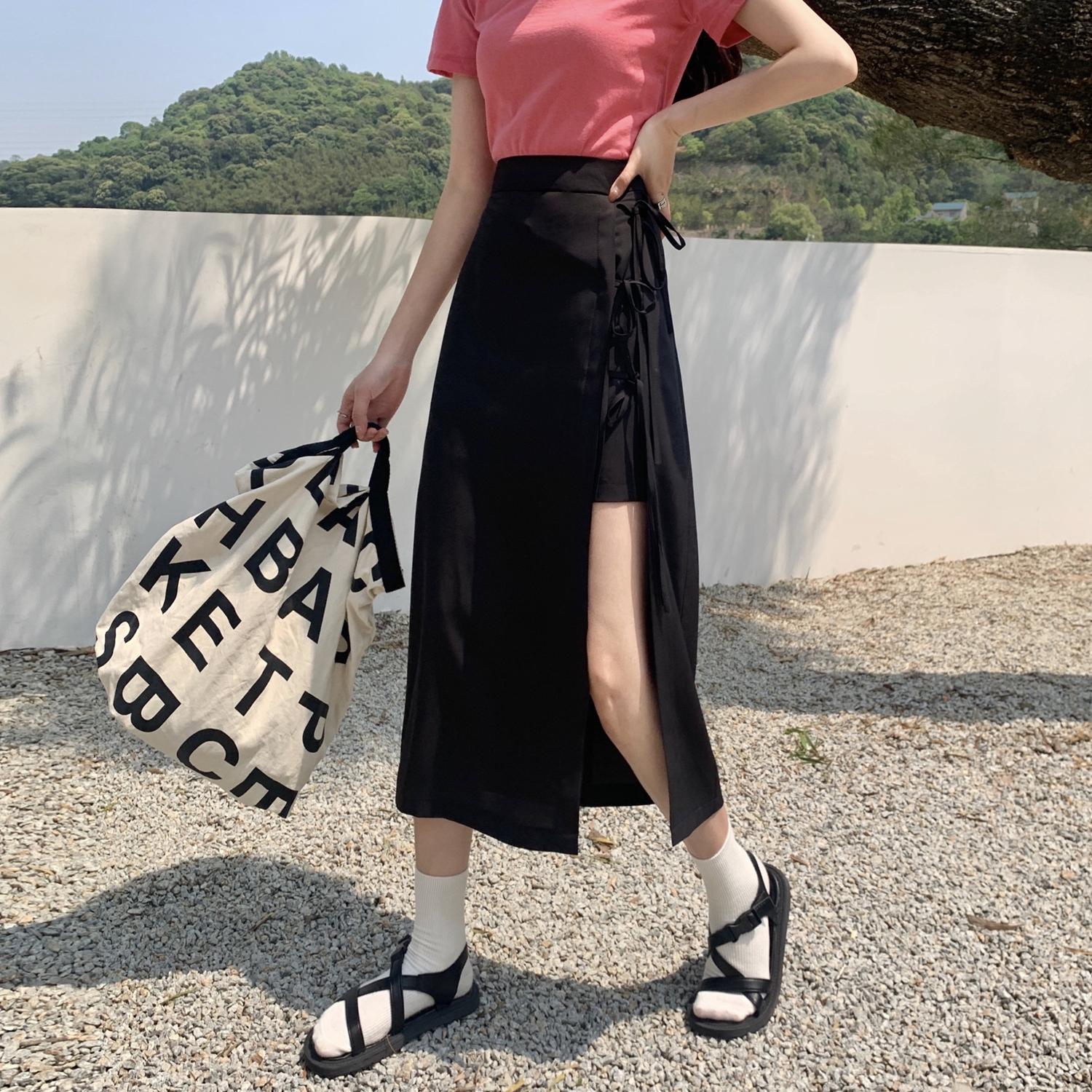 Real price design irregular split skirt women's mid length high waist retro word skirt