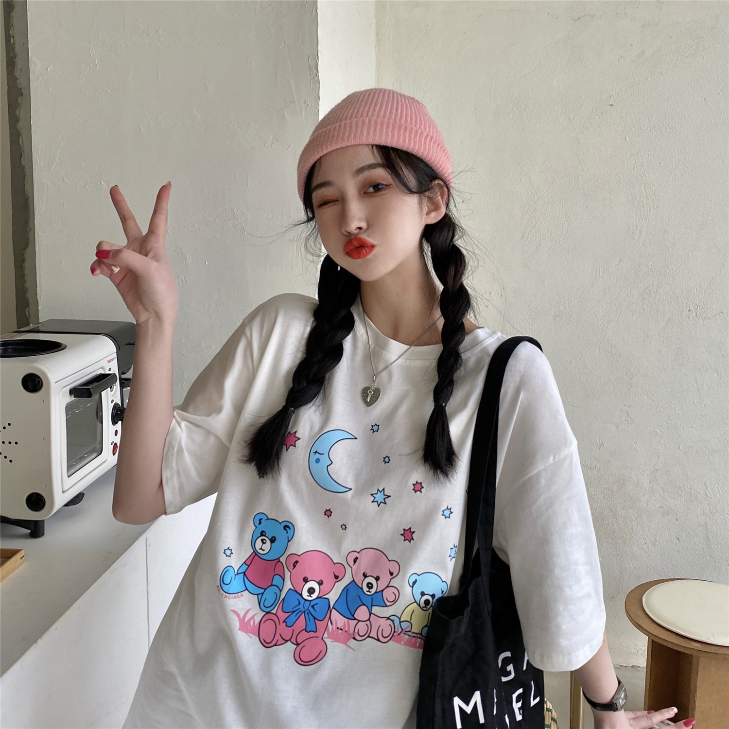 Real price loose Cartoon Bear front and back printed round neck short sleeve T-shirt women's fashion