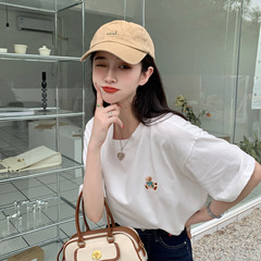 Real price bear embroidered short sleeve T-shirt women's basic loose round neck with undercoat