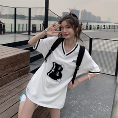 Real price ~ loose medium long color contrast V-neck short sleeve T-shirt women BF style printed basketball jacket