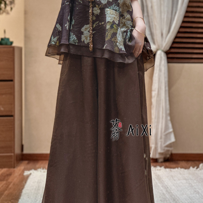 艾翕甄选夏季新款气质宽松双层飘逸休闲裤中年女性妈妈气质直筒裤