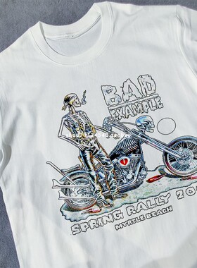 美式复古日系风格骷髅机车摇滚街头摩托车印花图案欧美男短袖T恤