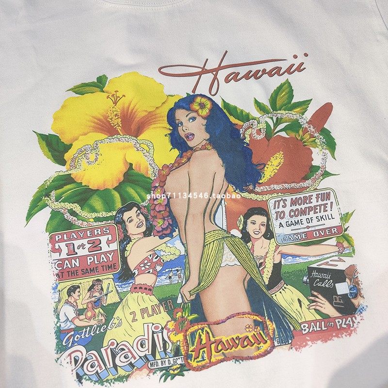 美式复古夏威夷美女游戏机ALOHA HAWAII HULA草裙舞海岛风短袖T恤