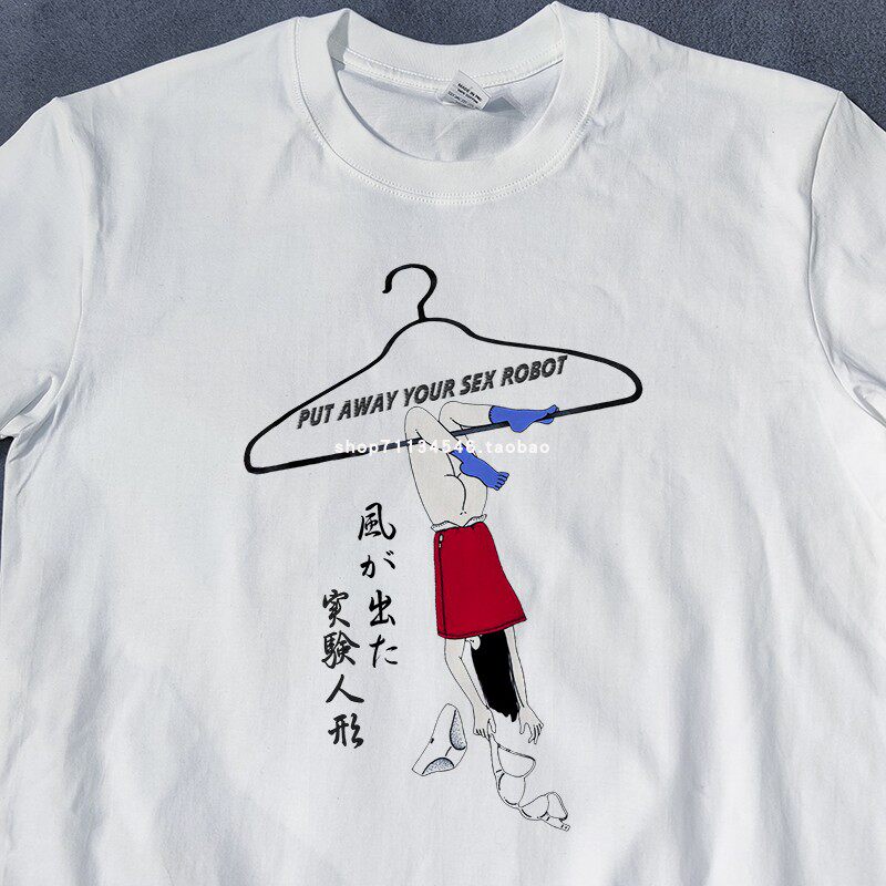 日系复古恶搞充气娃娃印花男女短袖T恤个性街头潮流漫画夏短袖TEE