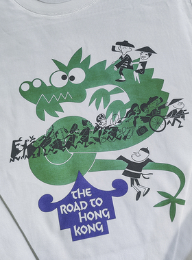vintage港风香港HONG KONG舞龙中国风 旅游男女秋冬复古男长袖T恤