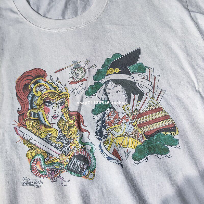 复古日本浮世绘印花TATTOO风格短袖男T恤日系武士艺妓设计半袖TEE
