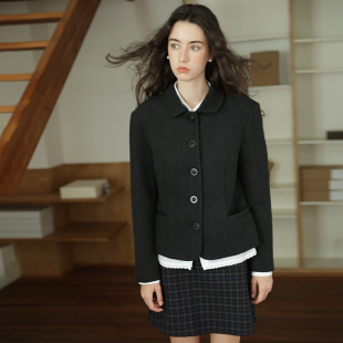 法式 外套女秋冬款 复古收腰羊毛呢大衣 羊毛混纺黑色小翻领西装 短款