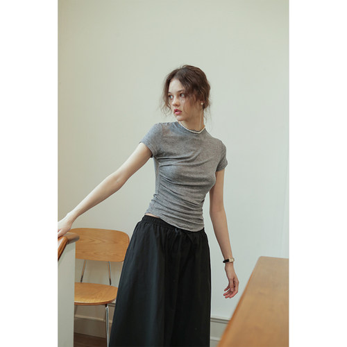 圆领灰色天丝羊毛短袖T恤女2026夏新款薄打底衫百搭修身显瘦上衣