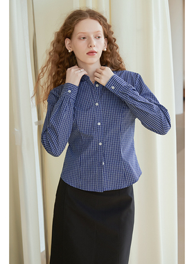 春也白 知识分子miu系收腰显瘦格子衬衫女早春复古蓝白格子衬衣