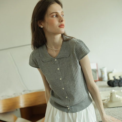 法式简约小个子polo领短袖针织衫女夏新款薄款翻领甜美风正肩上衣