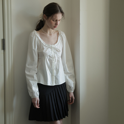 法式复古宫廷风木耳花边长袖衬衫女2026春新款设计感白色气质上衣