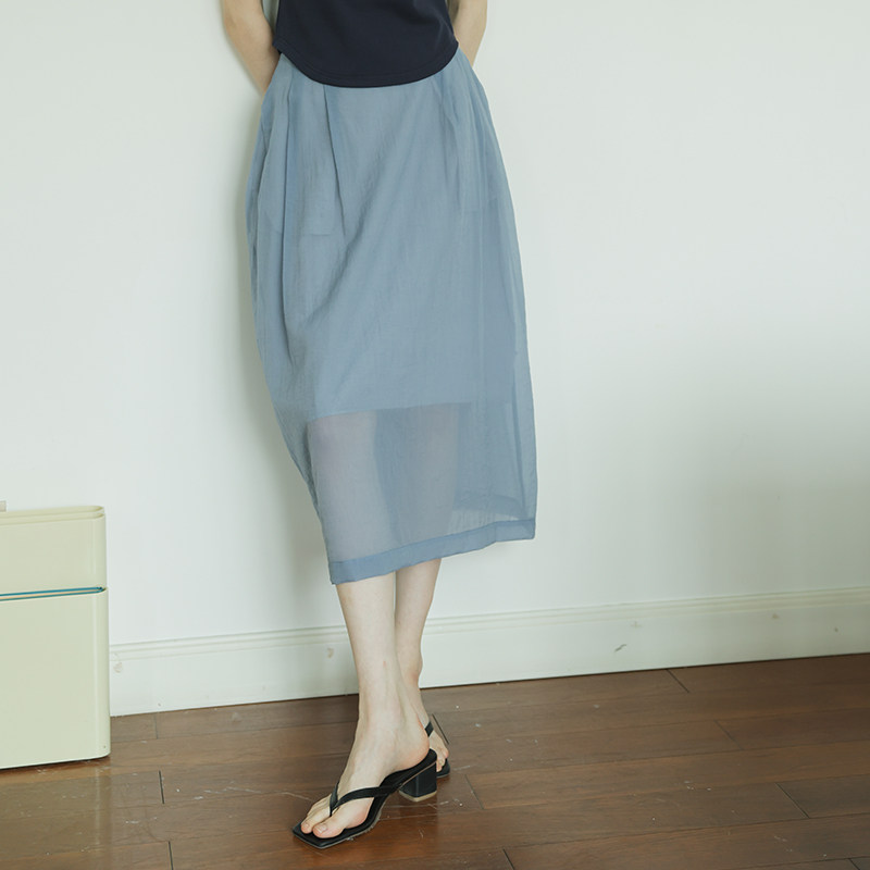 法式简约双层微透肌理感高腰显瘦花苞裙女中长款百搭薄款半身裙夏