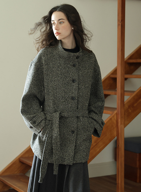 春也白 全羊毛法式立领斜纹圈圈呢大衣女秋冬新款知识风呢子外套