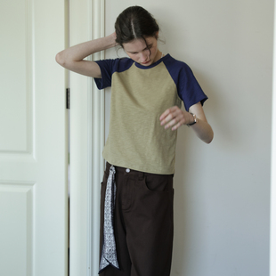 插肩袖 T恤女26夏新款 正肩显瘦上衣 竹节棉复古圆领撞色短袖 春也白