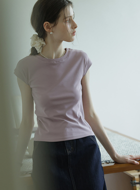 春也白 温柔气质紫色圆领连肩短袖T恤女修身显瘦正肩纯色打底上衣