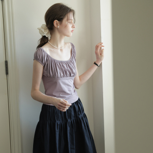 法式 t恤女夏季 复古方领修身 短袖 纯欲风上衣 显瘦褶皱泡泡袖 春也白