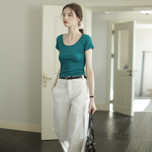 巨显白正肩高弹大圆领修身 T恤女夏U领纯欲风内搭打底上衣 显瘦短袖