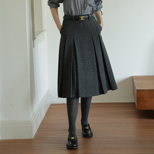 立体版型羊毛百褶半身裙女秋冬新款复古高腰显瘦百搭深灰色中长裙