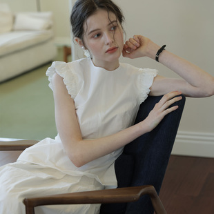 设计感显瘦百搭气质减龄上衣夏 女复古立体小飞袖 白色圆领短袖 衬衫
