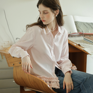 小众设计感法式 女秋新款 宫廷风叠穿上衣 条纹衬衫 慵懒风木耳边长袖