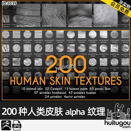 ZBrush人物角色人体皮肤纹理Alpha笔刷-200 Human Skin Textures