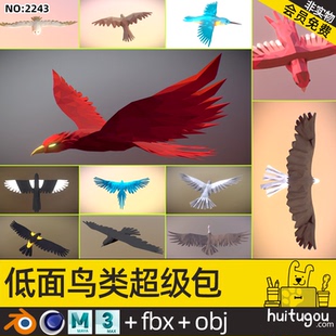 静态低面鸟类模型C4D卡通鸟儿Blend鹦鹉凤凰FBX喜鹊翠鸟猫头鹰OBJ