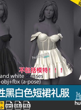 MD衣服素材CLO3D女性黑白色短裙礼服连衣裙ZPRJ服装打版工程文件