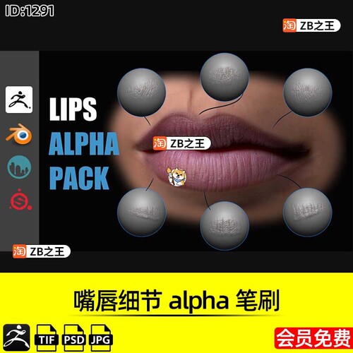 ZBrush素材嘴唇细节唇印alpha笔刷ZB人物角色雕刻TIF/JPG置换贴图