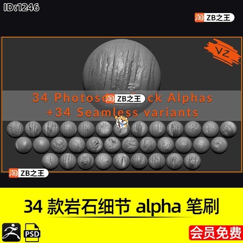 ZBrush素材34款石头山崖悬崖岩石细节纹理alpha笔刷PSD贴图ZB雕刻