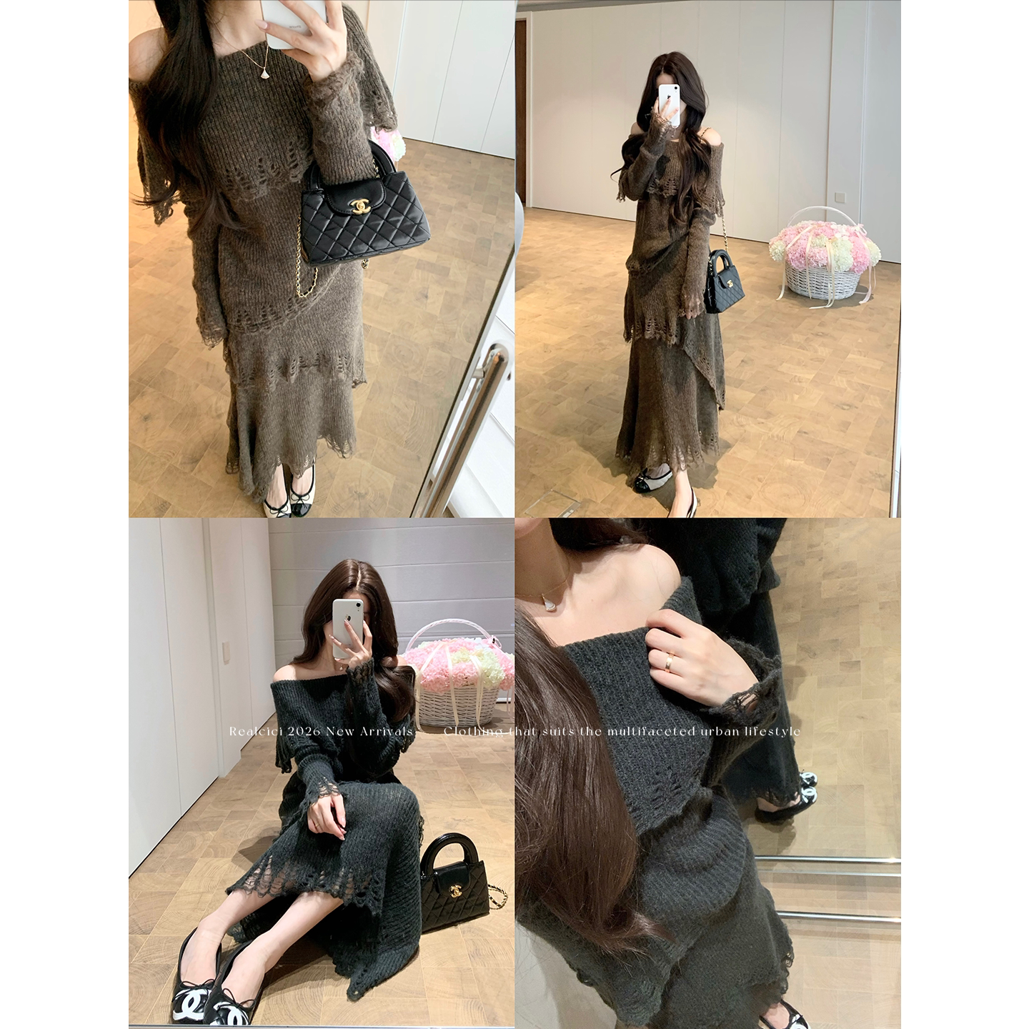 8号10点~名媛旧事~法式破洞时尚套装