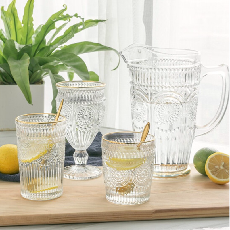 欧式复古浮雕太阳花水杯茶杯创意玻璃杯子酒杯威士忌杯透明金边杯