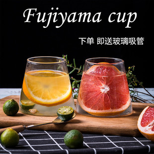 水杯 ins风富士山玻璃杯日式 威士忌杯早餐牛奶杯网红果汁杯饮料杯