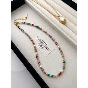 天然石淡水珍珠彩色串珠项链女春夏轻奢多巴胺锁骨链小众叠戴颈链