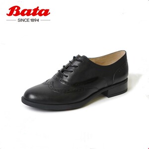 Bata2023新款英伦小皮鞋女工作鞋黑色真皮布洛克牛津单鞋AWG21AM1