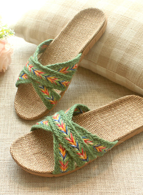 日式纯亚麻居家女士拖鞋透气轻便室内防滑软底家用防臭凉拖鞋夏天