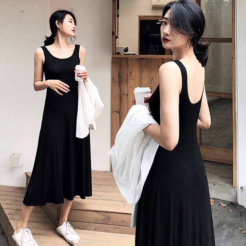 黑色连衣裙女夏高级感2025新款轻奢棉女士背心露背莫代尔大码长裙